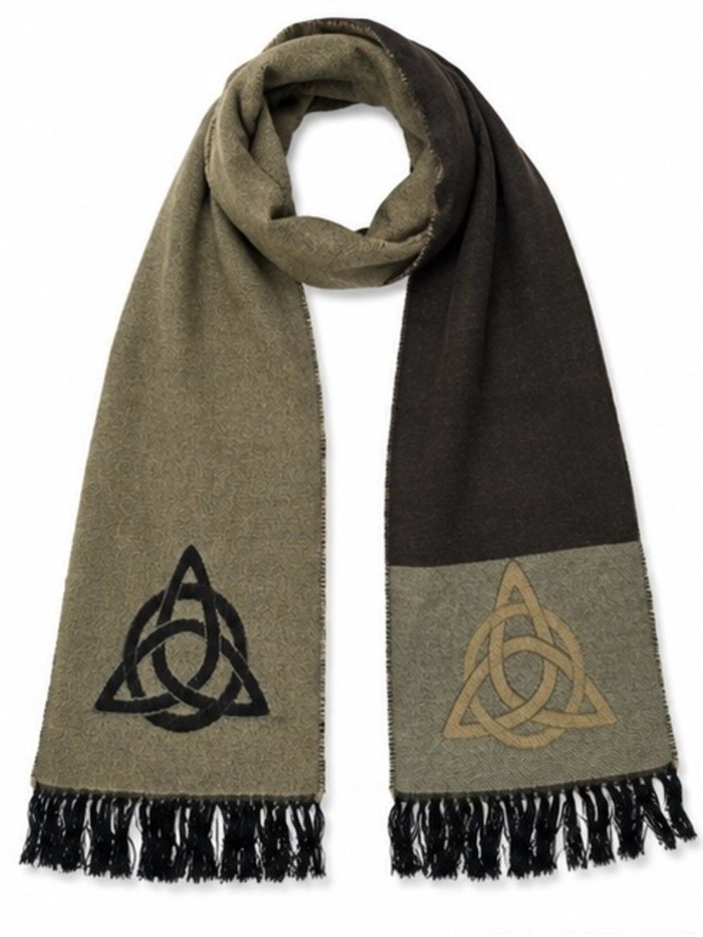 Irish Celtic Trinity Knot Triquetra Scarf Olive Black Fringe Ireland